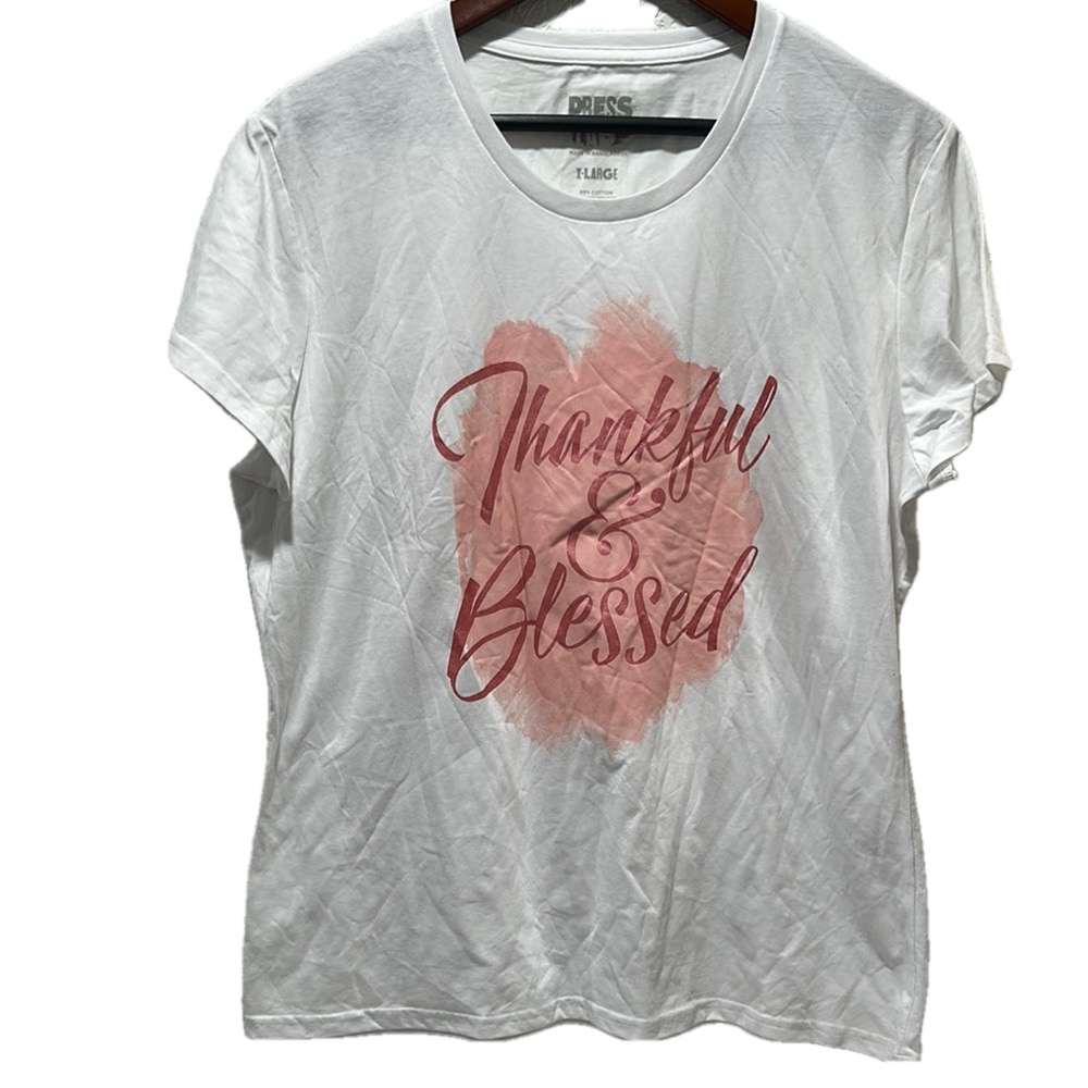 PRESS LAB women’s Thankful & Blessed White T-Shirt size XL New no tags 🏷️